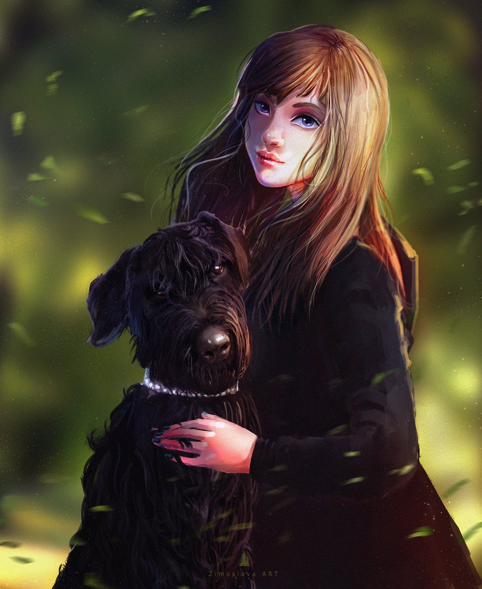 Девушка с черной собакой арт