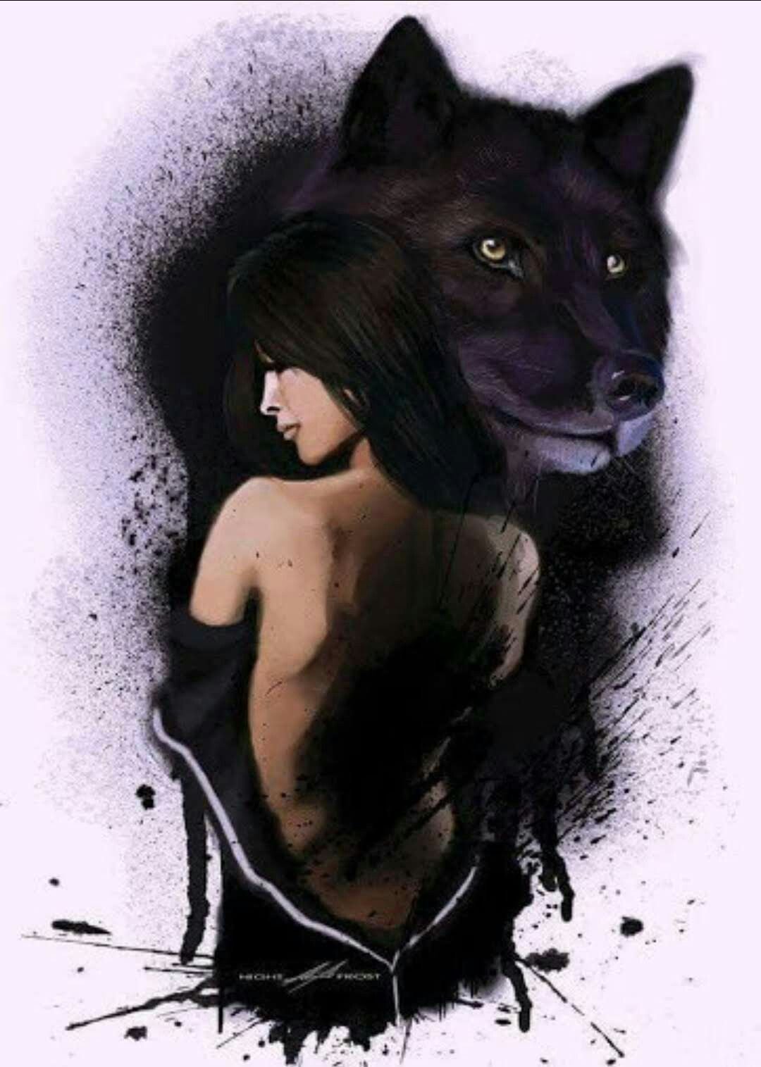 Девушка и черный волк арт