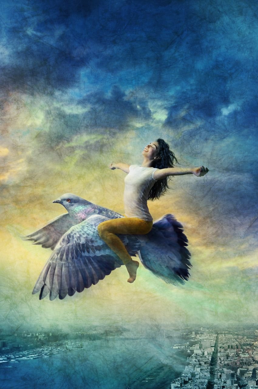 О чем мечтают птицы. Девушка птица. Полет души. Девушка птица в небе.