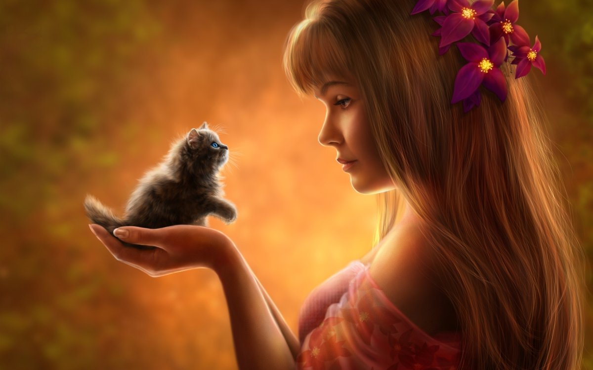 Девушка с котом на руках арт
