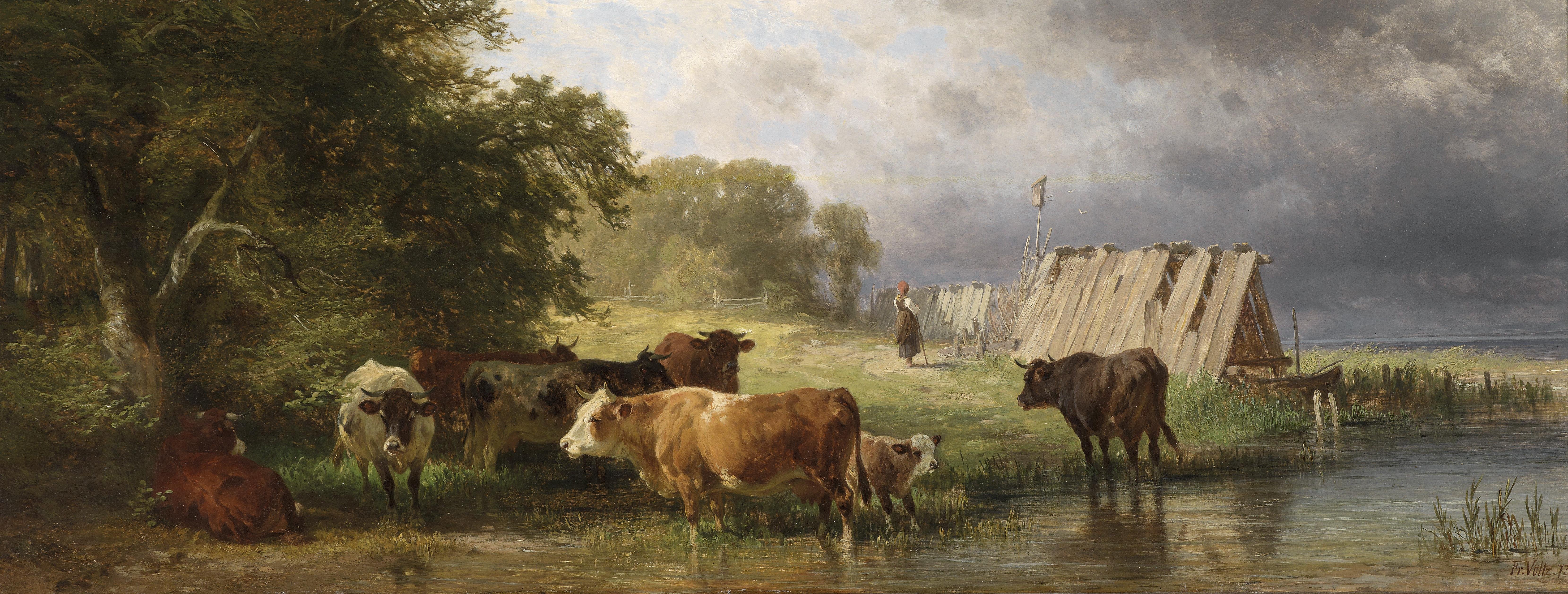 Он закричал пастухам чтобы они скорее. Коровы на водопое (с картины а.Степанова, 1858-1923).