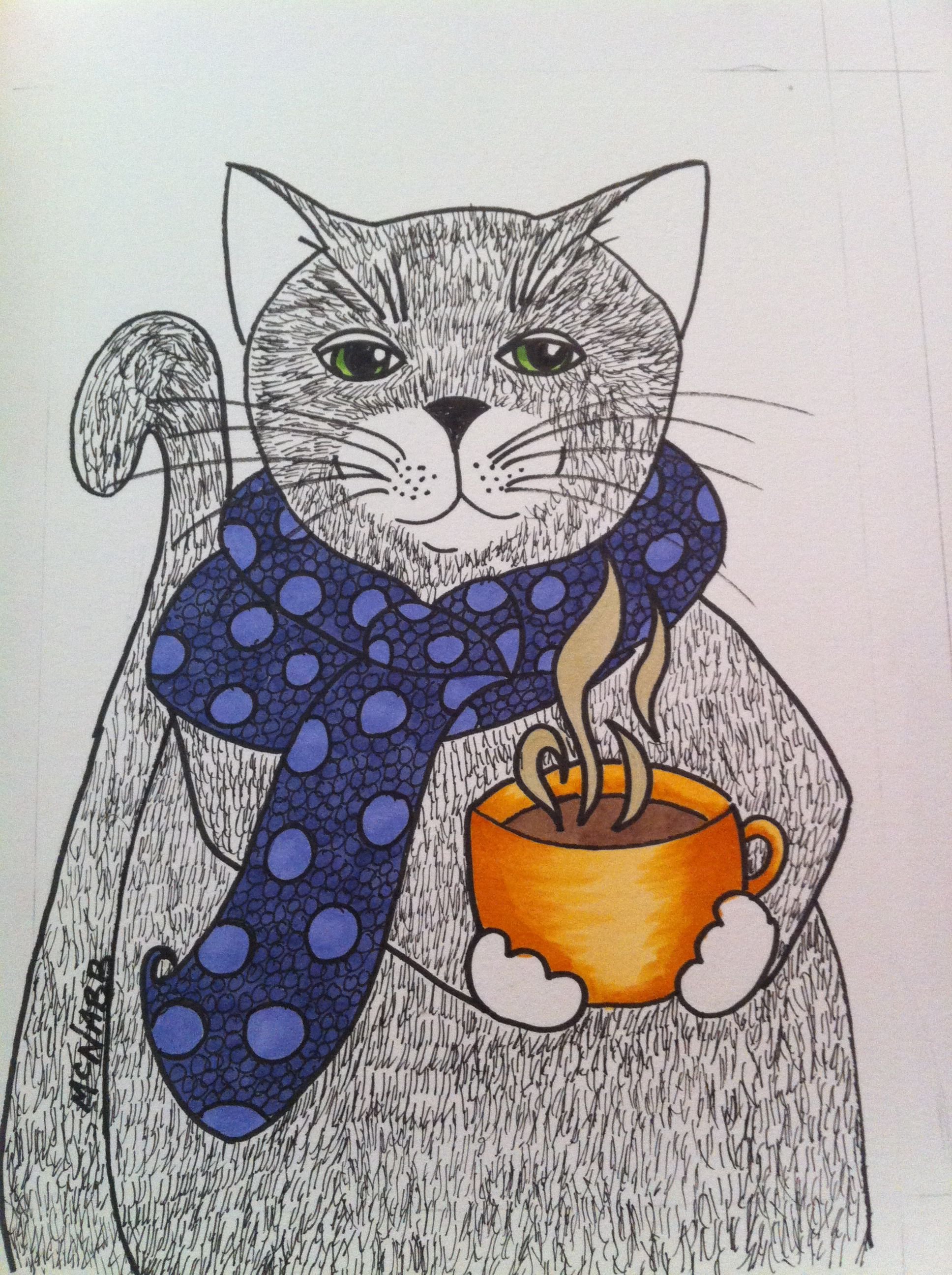Кот с блинами рисунок. Кот с чашкой чая. Чаепитие с котом. Кот с бокалом рисунок.