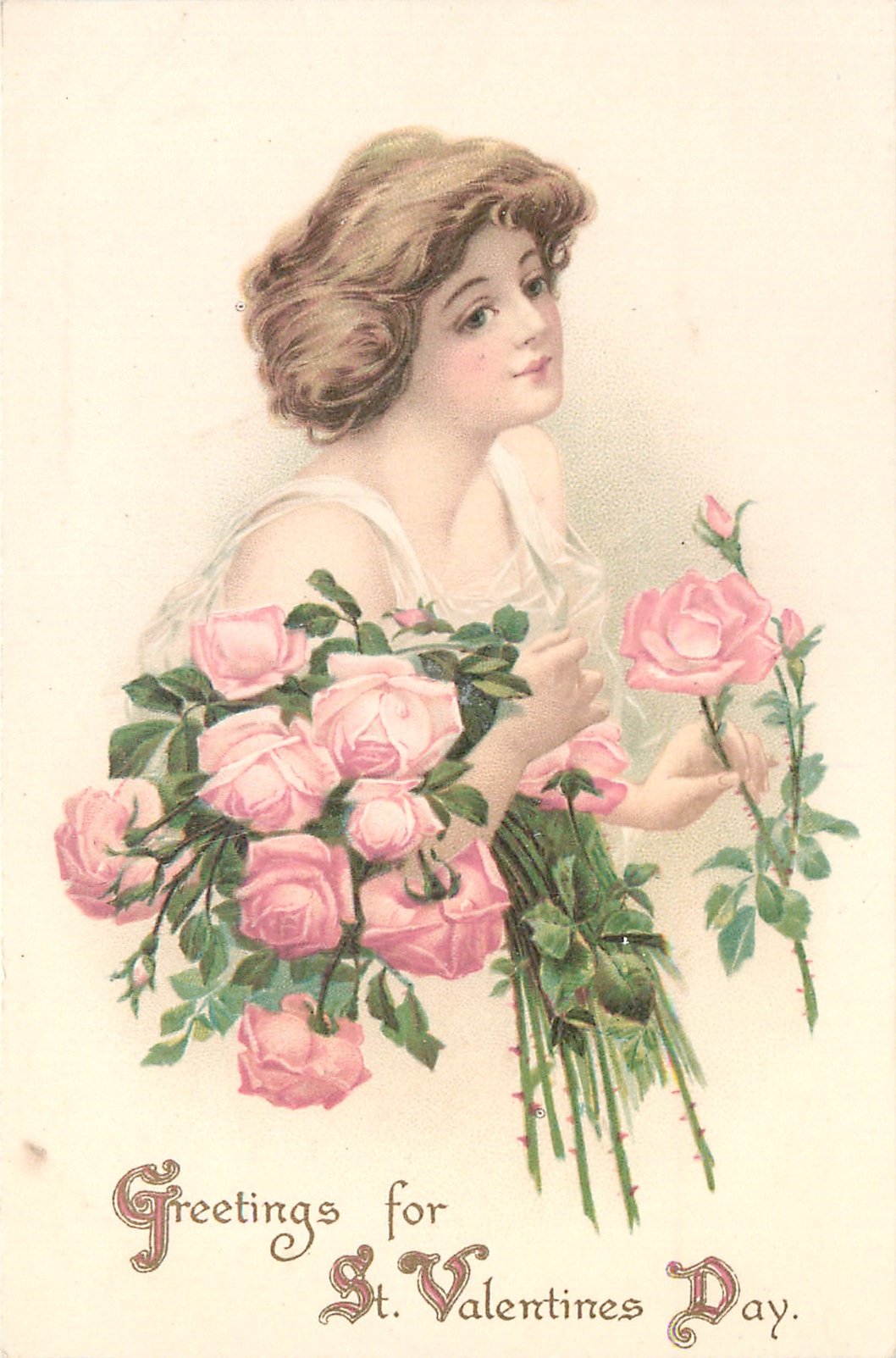 Старинная Поздравительная открытка времён Ульманиса Девочка с Цветами