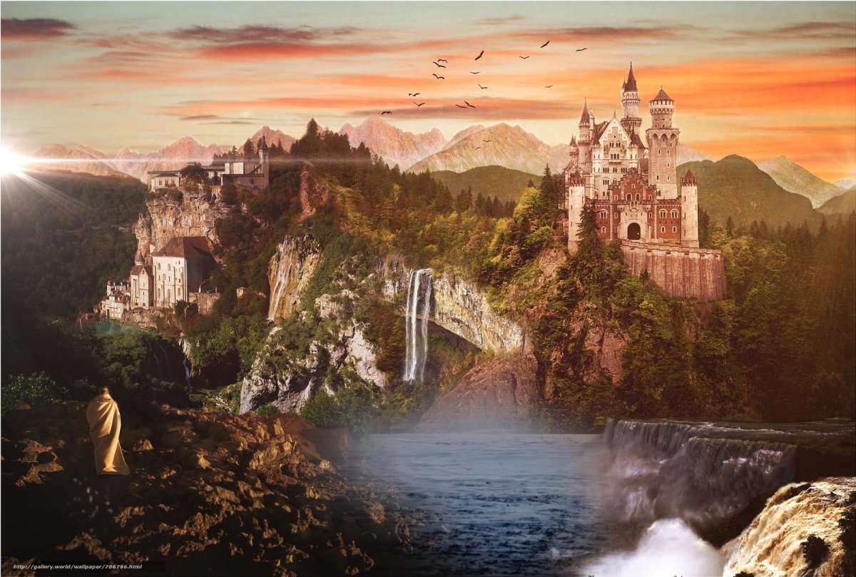 Дворец водопадов. Фреска горы водопад замок. Замок в горах. Красивые пейзажи с замками. Сказочный замок.