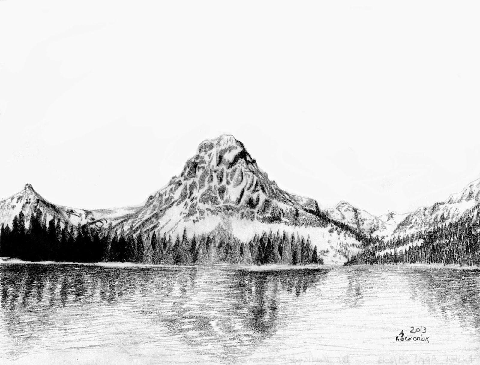 Рисунок черного озера. Пейзаж карандашом. Эскизы природы. Горы Графика. Наброски пейзажа.