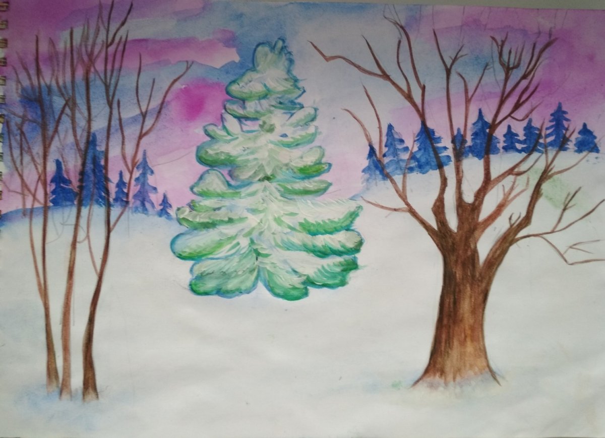 Зимний пейзаж поэтапное рисование для детей