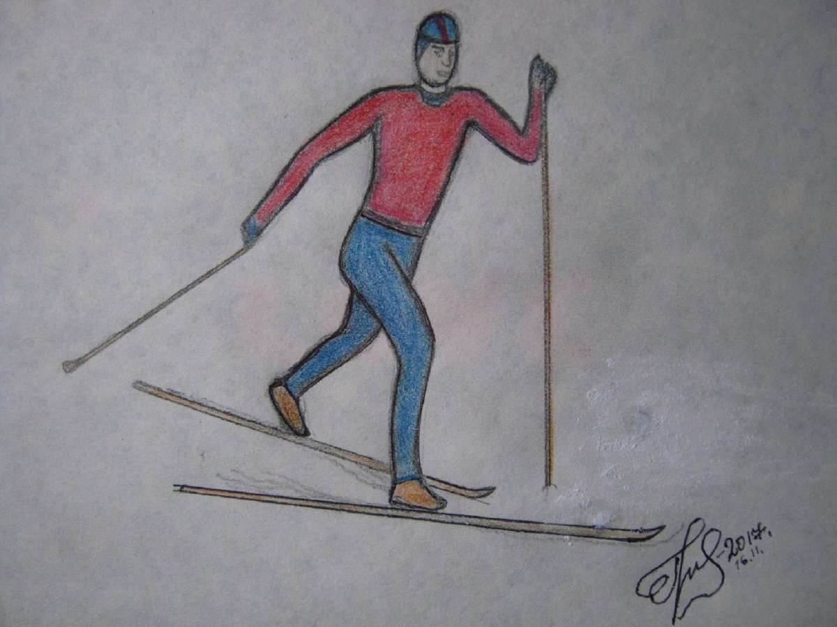 Поэтапный рисунок лыжника