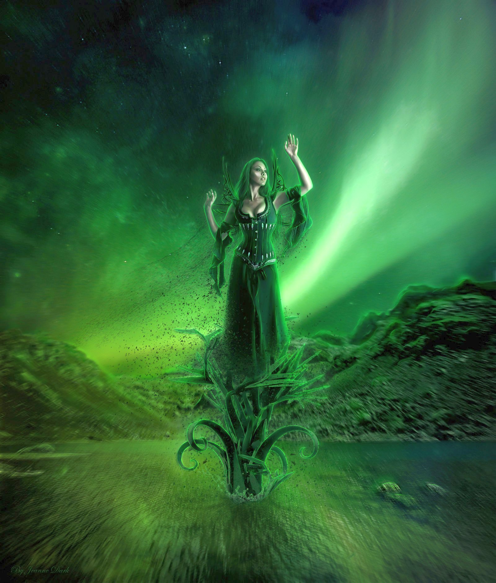 Стихия королевы. Зеленая ведьма. Девушка в зеленом фэнтези. Волшебница в зеленом платье. Ведьма фэнтези.