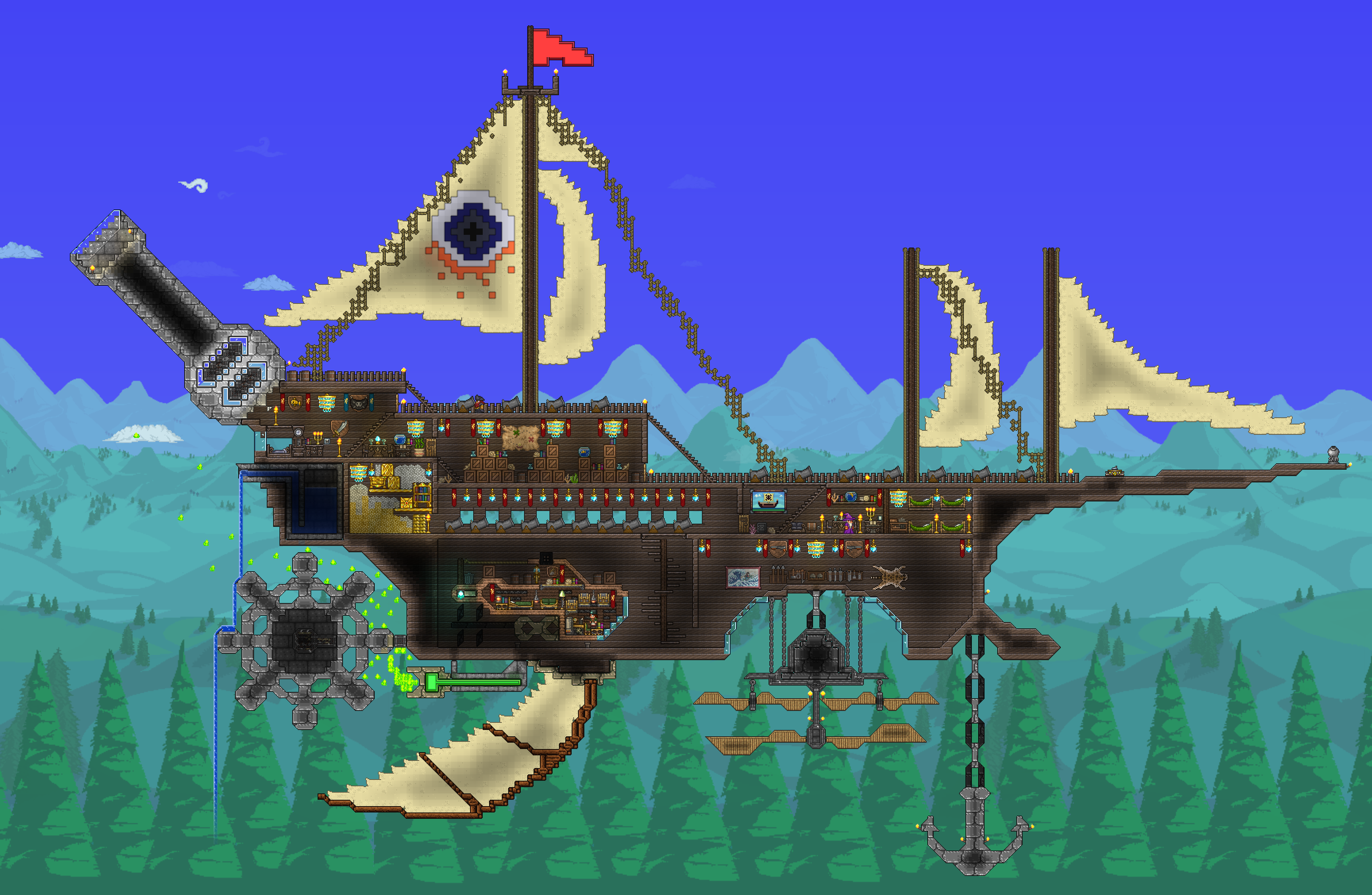 Пиксельная игра остров. Корабль террария постройка. Постройка пиратского корабля в террария. Terraria летающий корабль. Корабль босс Terraria.