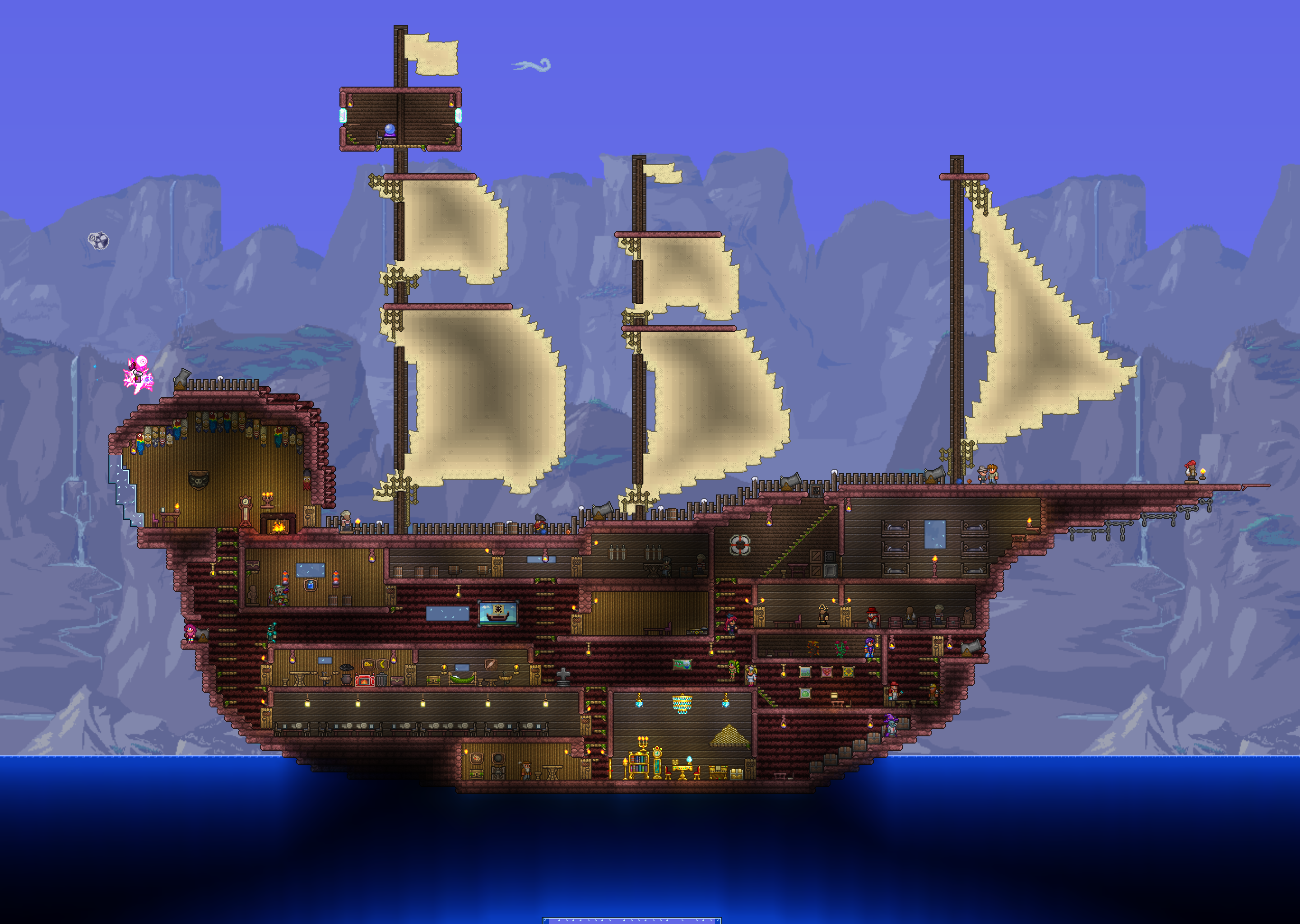 Игра корабль 2д. Пиратский корабль террария. Корабль террария постройка. Terraria дом корабль. Постройка пиратского корабля в террария.