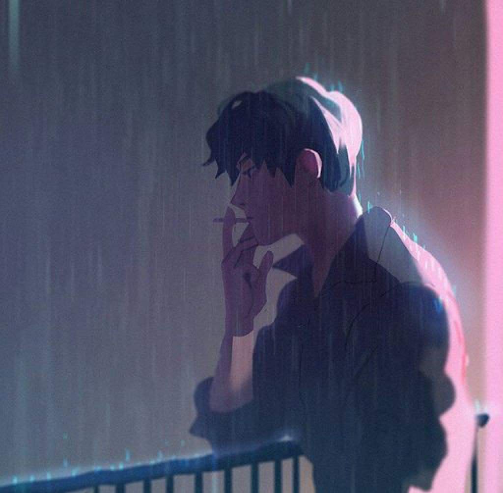аниме курящий парень под дождем
