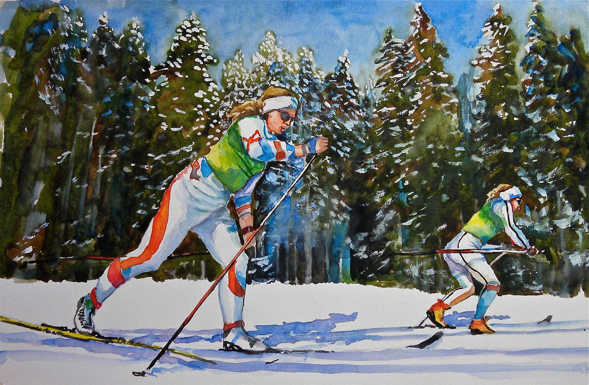 Лыжник 3 класс. Кустодиев лыжники. Лыжные гонки. Лыжники живопись. Картина лыжники.