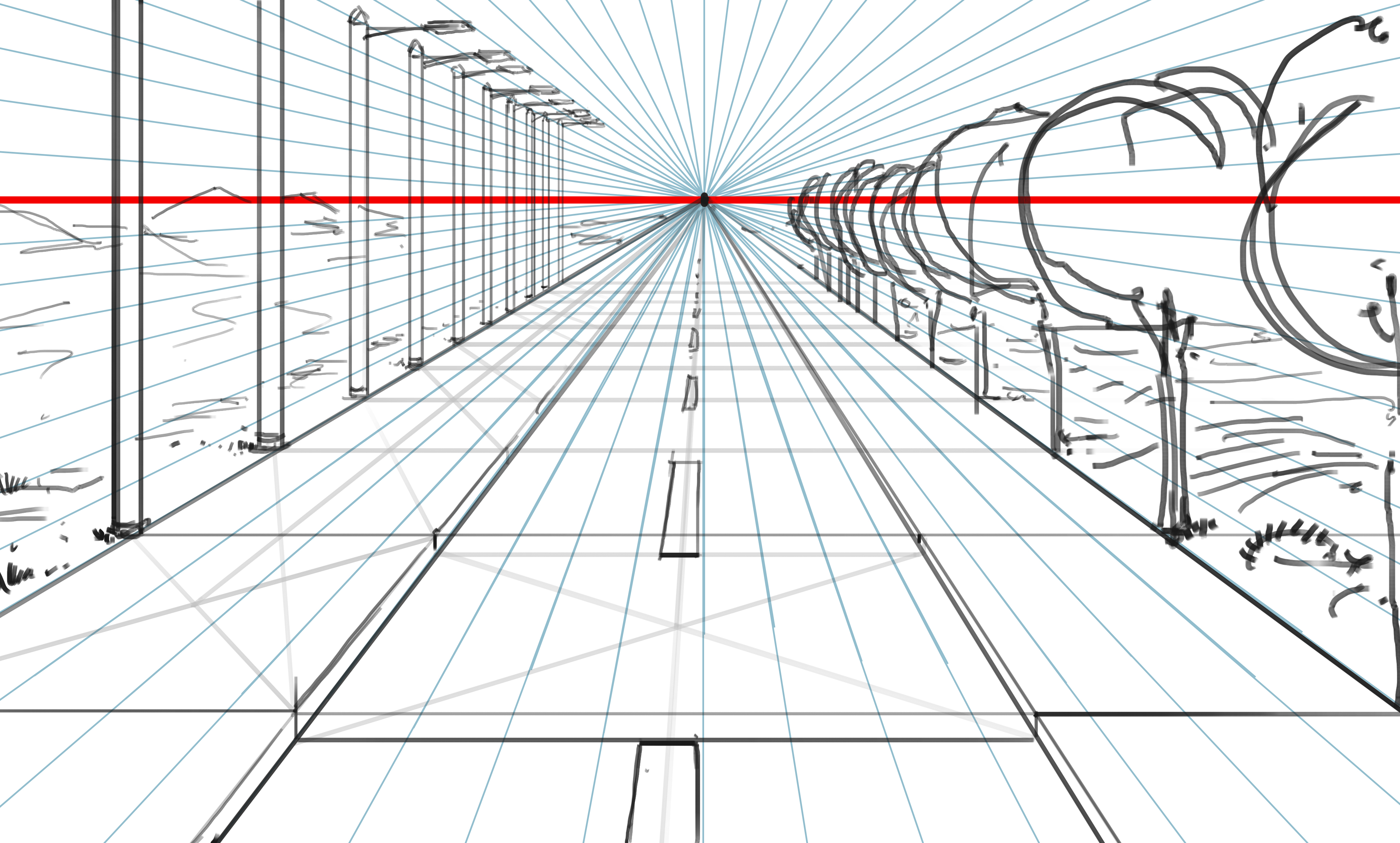 Междугородная линия. Рисунок с линейной перспективы и точкой схода. Линейная перспектива точка схода. Линейная перспектива с 1 точкой схода. Перспектива точки схода в рисовании.