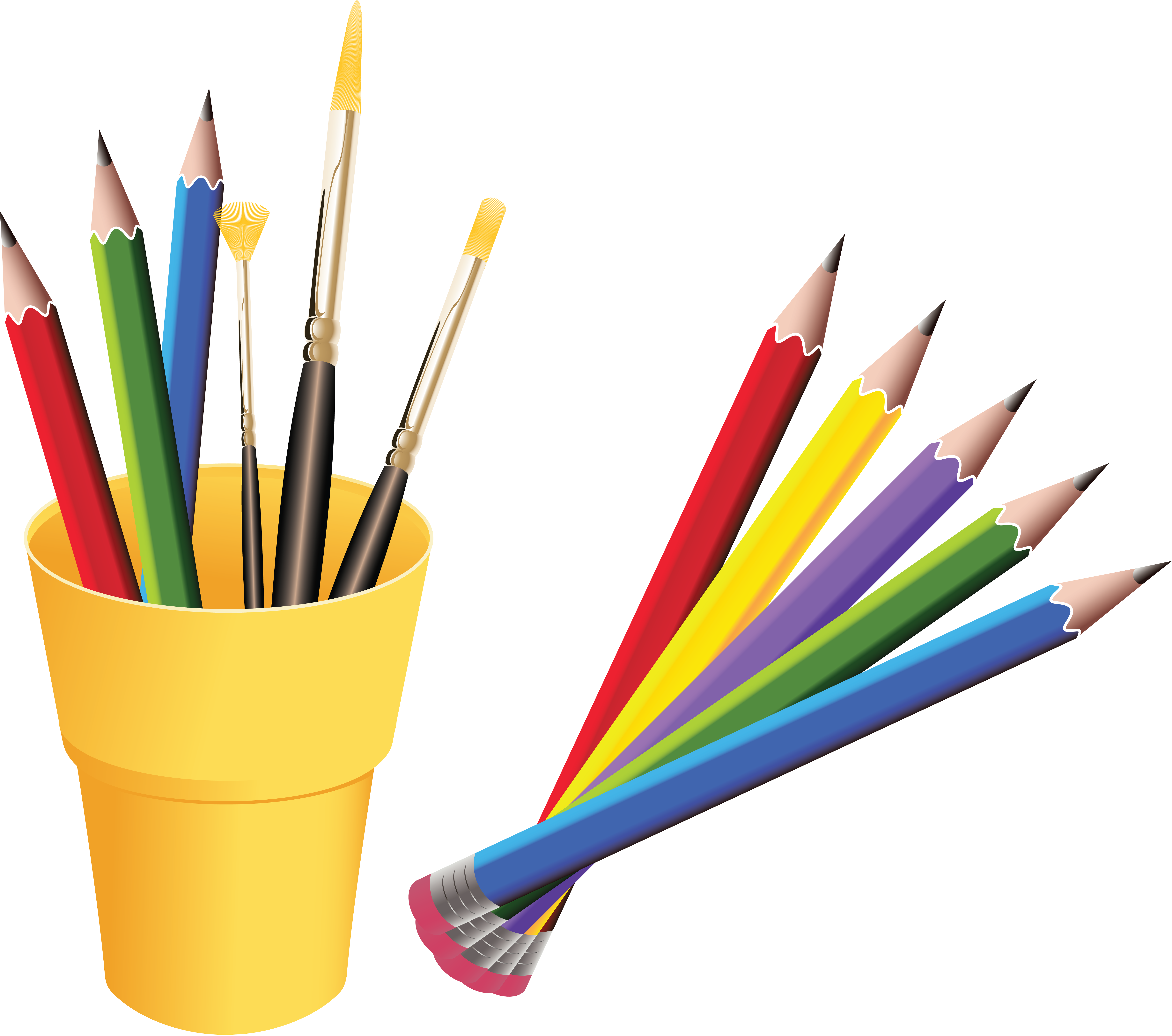 Рисование картинки на прозрачном фоне. Цветные карандаши с кисточкой. Стаканчик с кистями и карандашами. Кисть карандашом. Школьный предмет рисование.