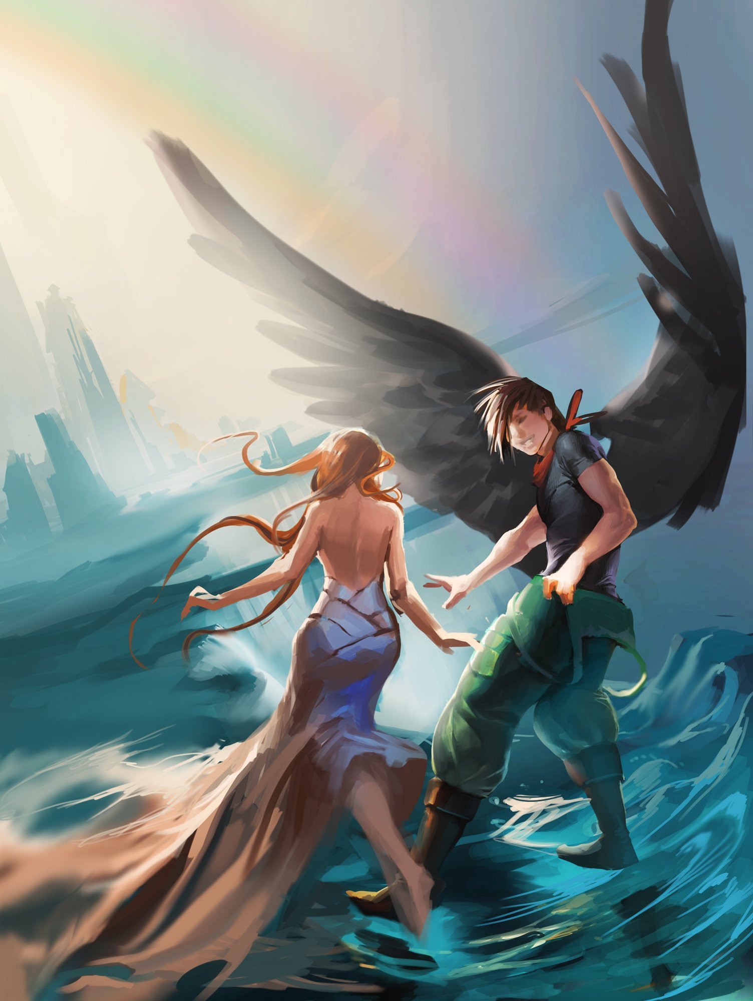 Ангел и демон романтика. Сакимичан Геншин. Сакимичан Сефирот. Парень и девушка с крыльями.