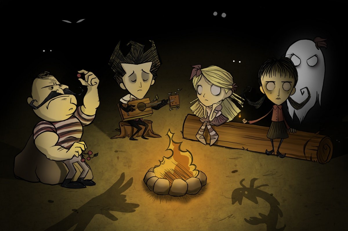 Уилсон сидит на бревне и с улыбкой смотрит на костёр в игре Dont't Starve. | Картинка на аву