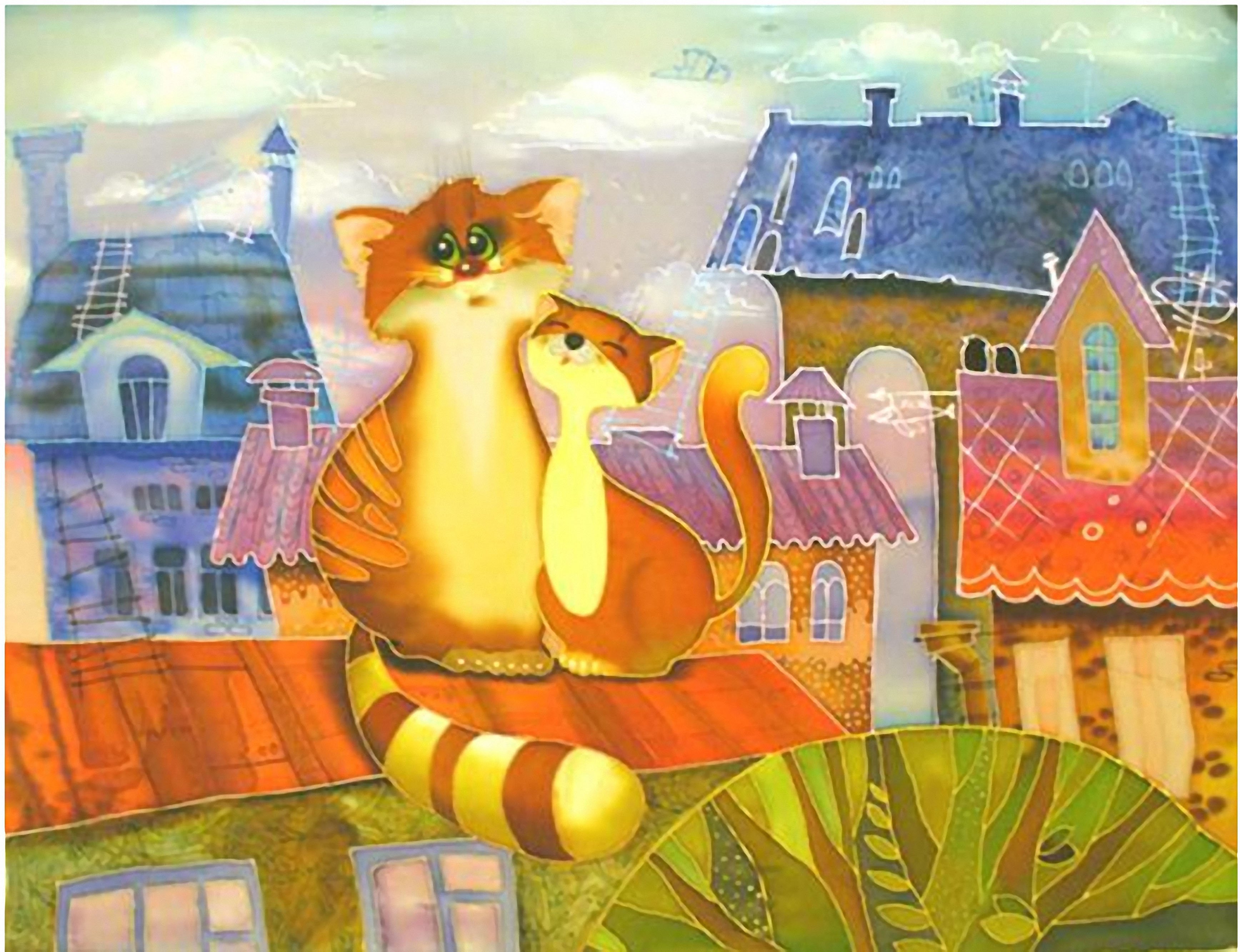 Крыша детская песня. Коты на крыше. Батик кошки. Батик коты на крыше. Кошка на крыше рисунок.