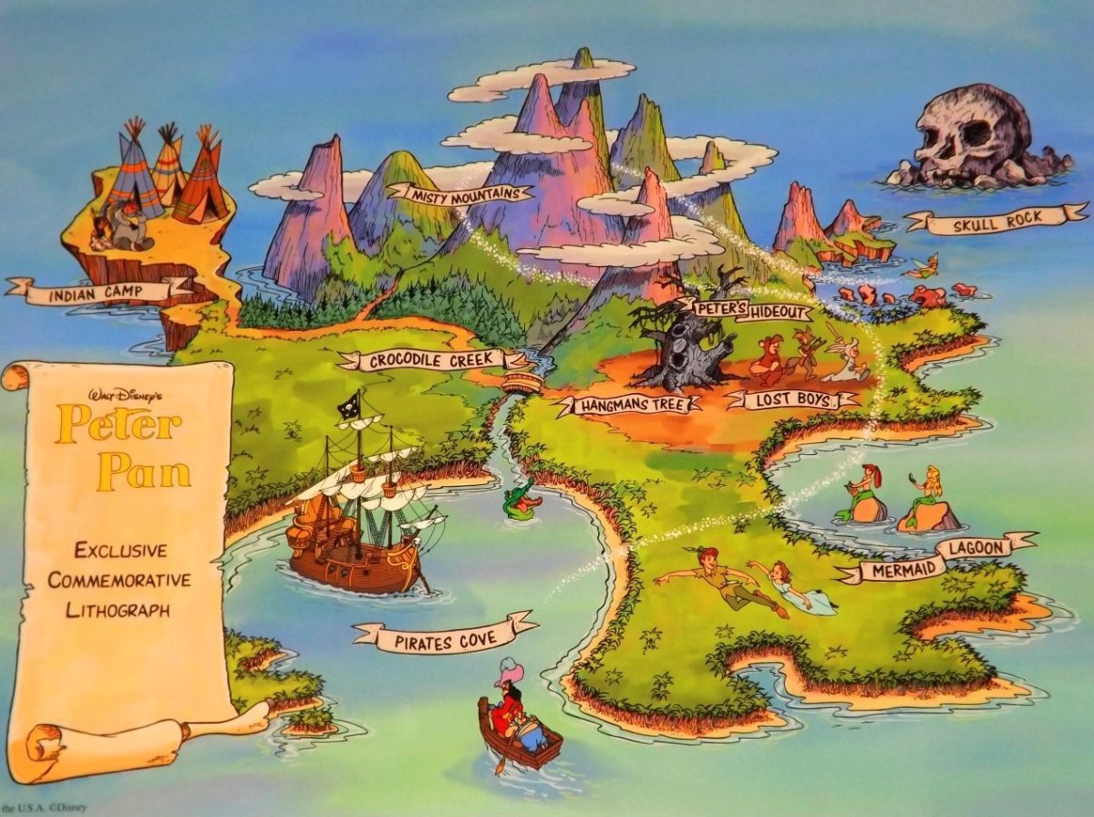 Картинка карты путешествие. Питер Пэн остров Нетландия. Карта Нетландии Питер Пэн. Питер Пэн Neverland. Карта острова Нетландия.