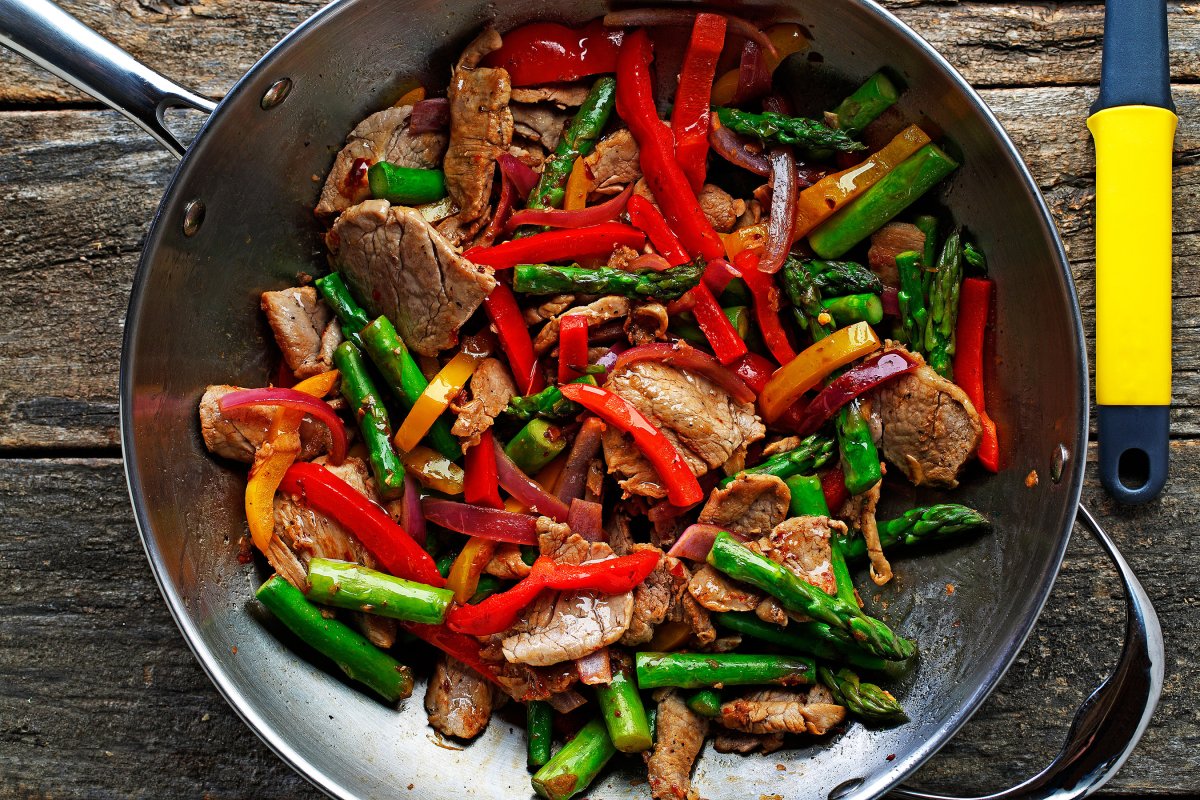 Жареное мясо с овощами на сковороде