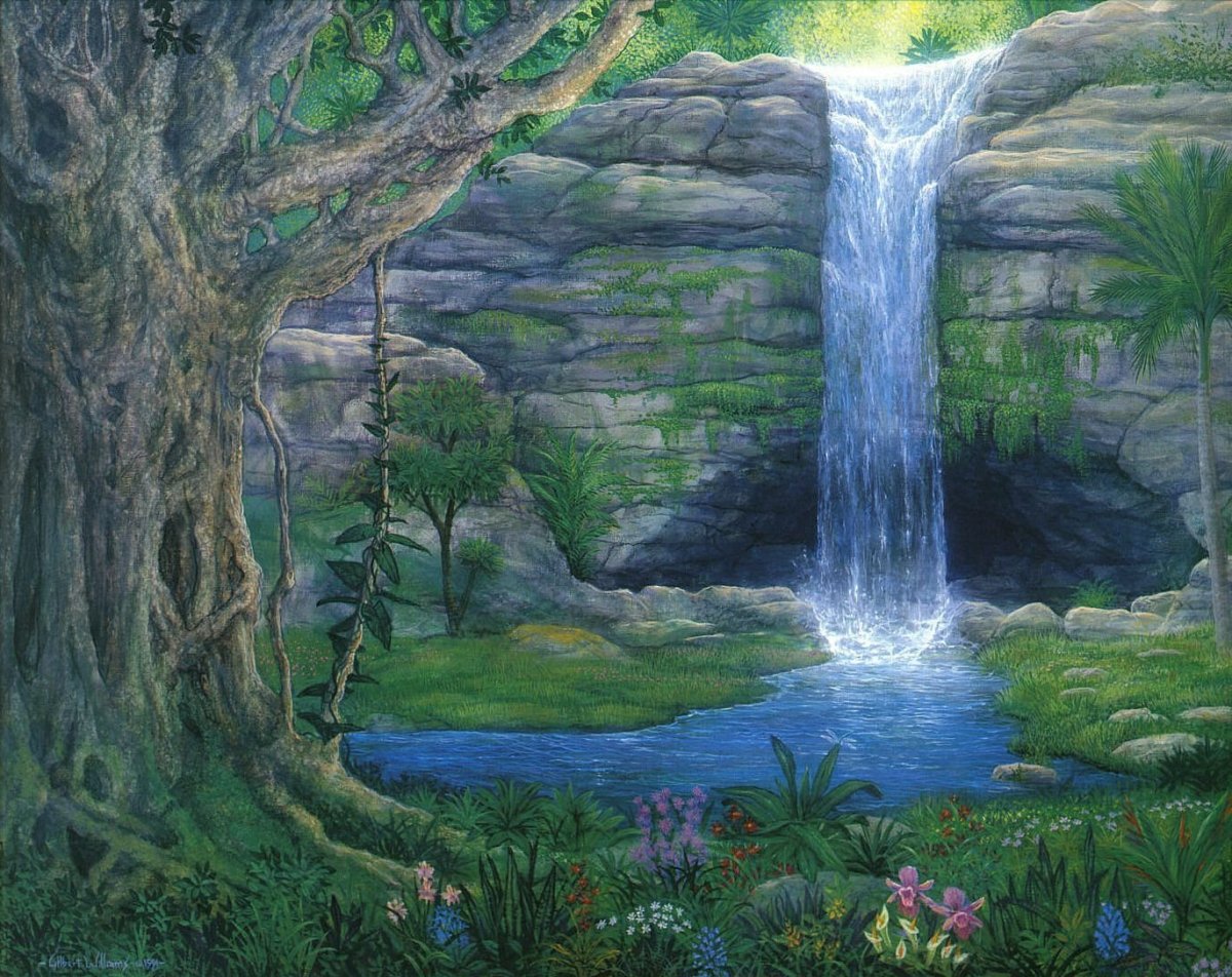 Родник картина. Водопад рисунок. Водопад рисунок для детей. Сказочный водопад. Водопад в сказочном лесу.